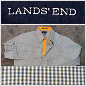 Lands End Men's Large Wrinkle Free LS Shirt Black Gingham Check w/ Orange Trim